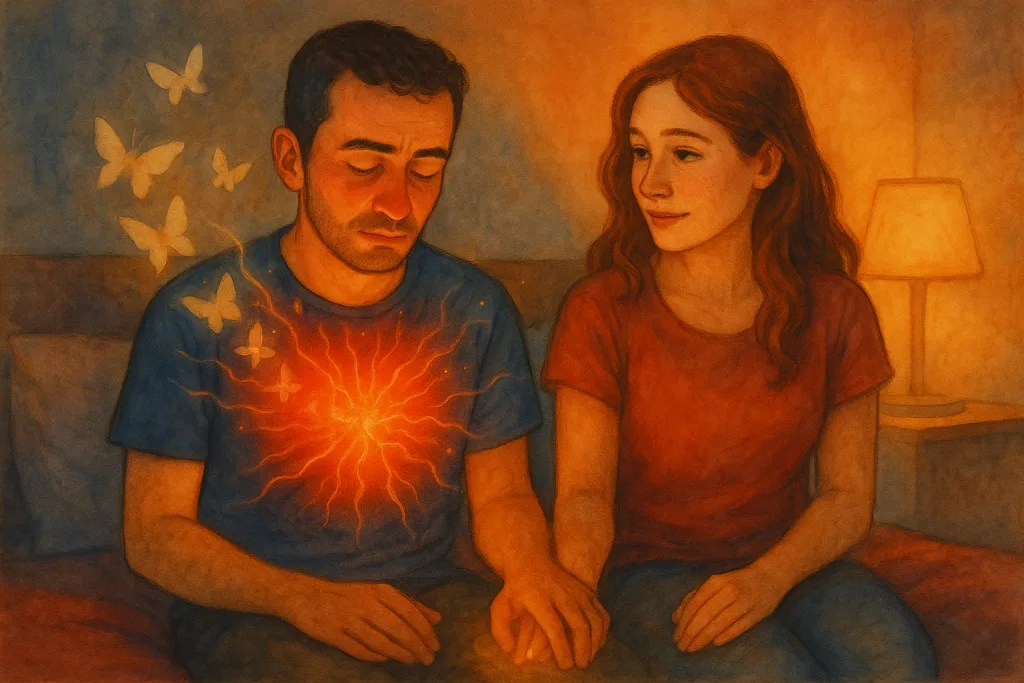 Illustration of a woman holding a man’s hand with an electric heart and butterflies coming out of him