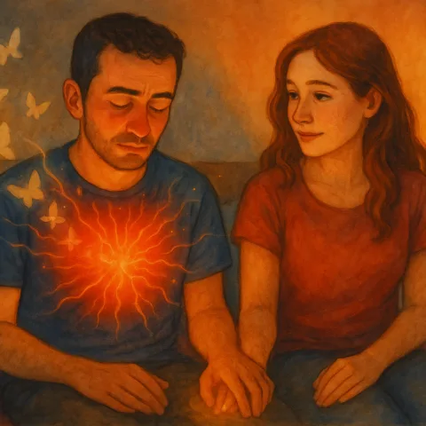 Illustration of a woman holding a man’s hand with an electric heart and butterflies coming out of him