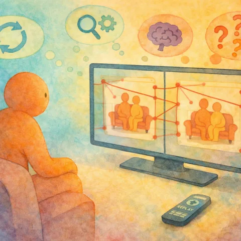 Character sitting in front of a TV with a split screen showing identical images