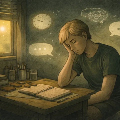 A woman sitting in the dark with a faint light coming from outside, with thought bubbles around her, tidy desk