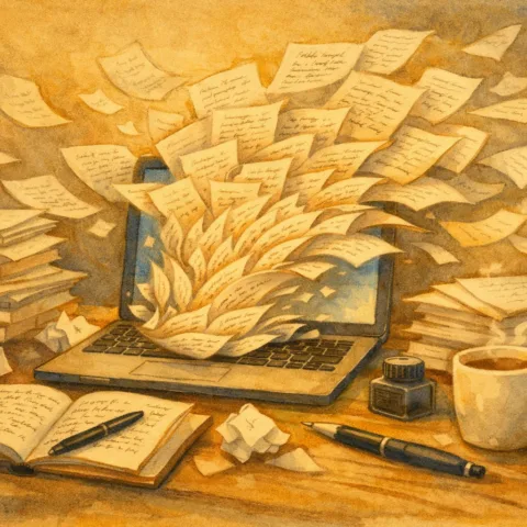 Illustration of graphorrhea with dozens of written pages coming out of a computer