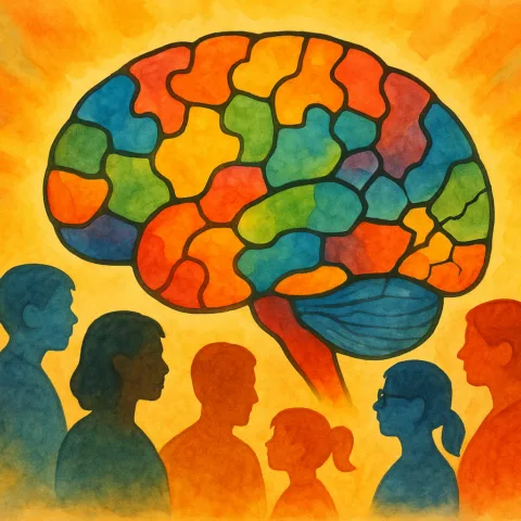 Multicolored brain above people of various sizes and colors, symbol of neurodiversity
