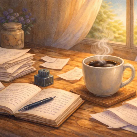 Illustration of a cup of coffee with a stack of filled pages and a notebook with writing (symbolizing the daily work of raising awareness)