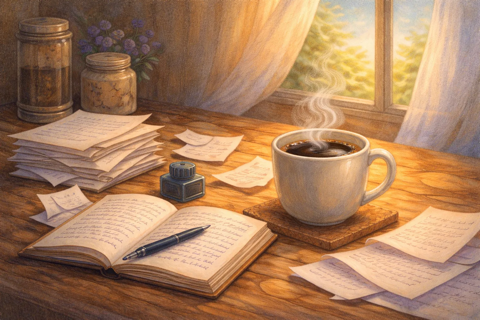 Illustration of a cup of coffee with a stack of filled pages and a notebook with writing (symbolizing the daily work of raising awareness)