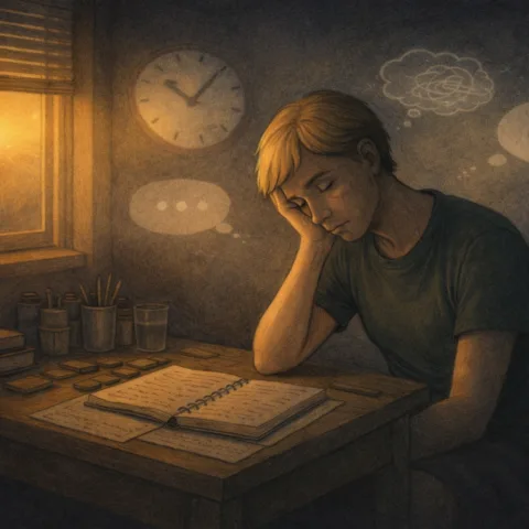 Woman at her desk, night is falling, she is surrounded by bubbles and clocks, and her desk is tidy