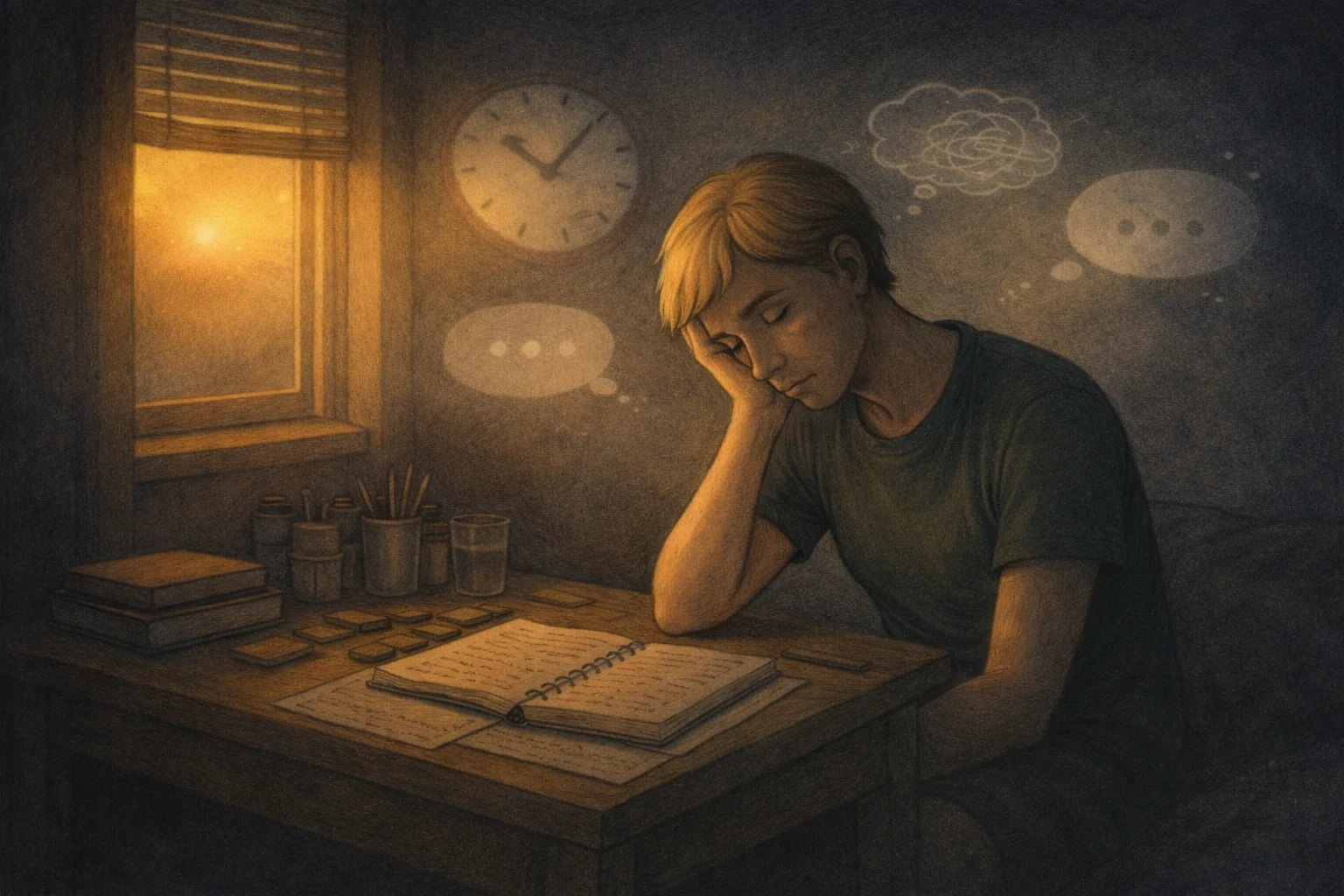 Woman at her desk, night is falling, she is surrounded by bubbles and clocks, and her desk is tidy