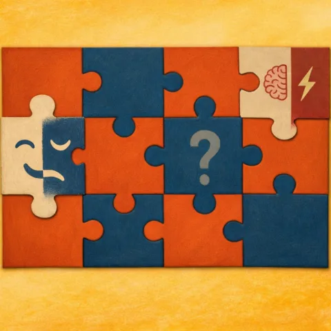 Puzzle with one empty square and two pieces showing: a bipolar mask and a fast-brain symbol (giftedness)