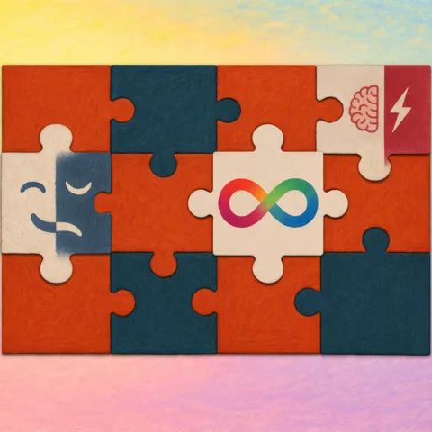 Complete puzzle with the Bipolar/Giftedness pieces and the multicolored infinity symbol for autism