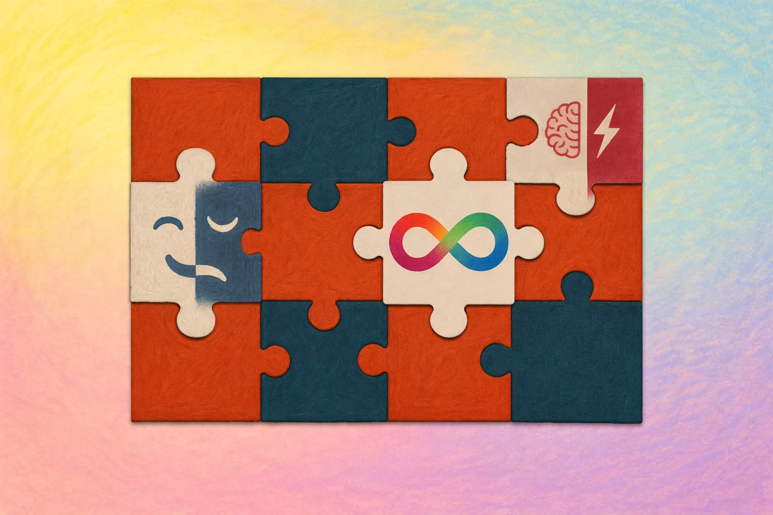 Complete puzzle with the Bipolar/Giftedness pieces and the multicolored infinity symbol for autism