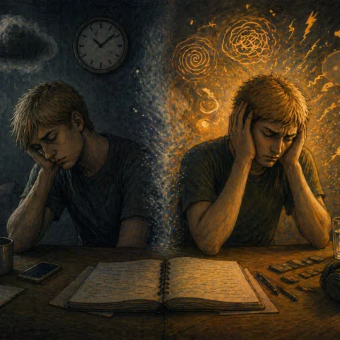 Illustration showing depression on the left (collapse, slowing down) versus autistic burnout on the right (overload).
