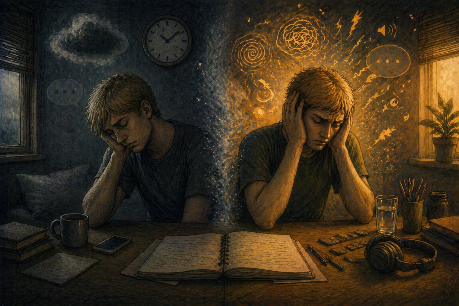 Illustration showing depression on the left (collapse, slowing down) versus autistic burnout on the right (overload).