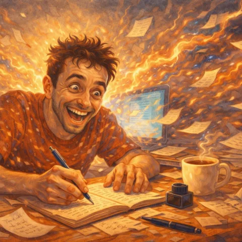 Illustration of a euphoric person in the midst of an extreme creative flow