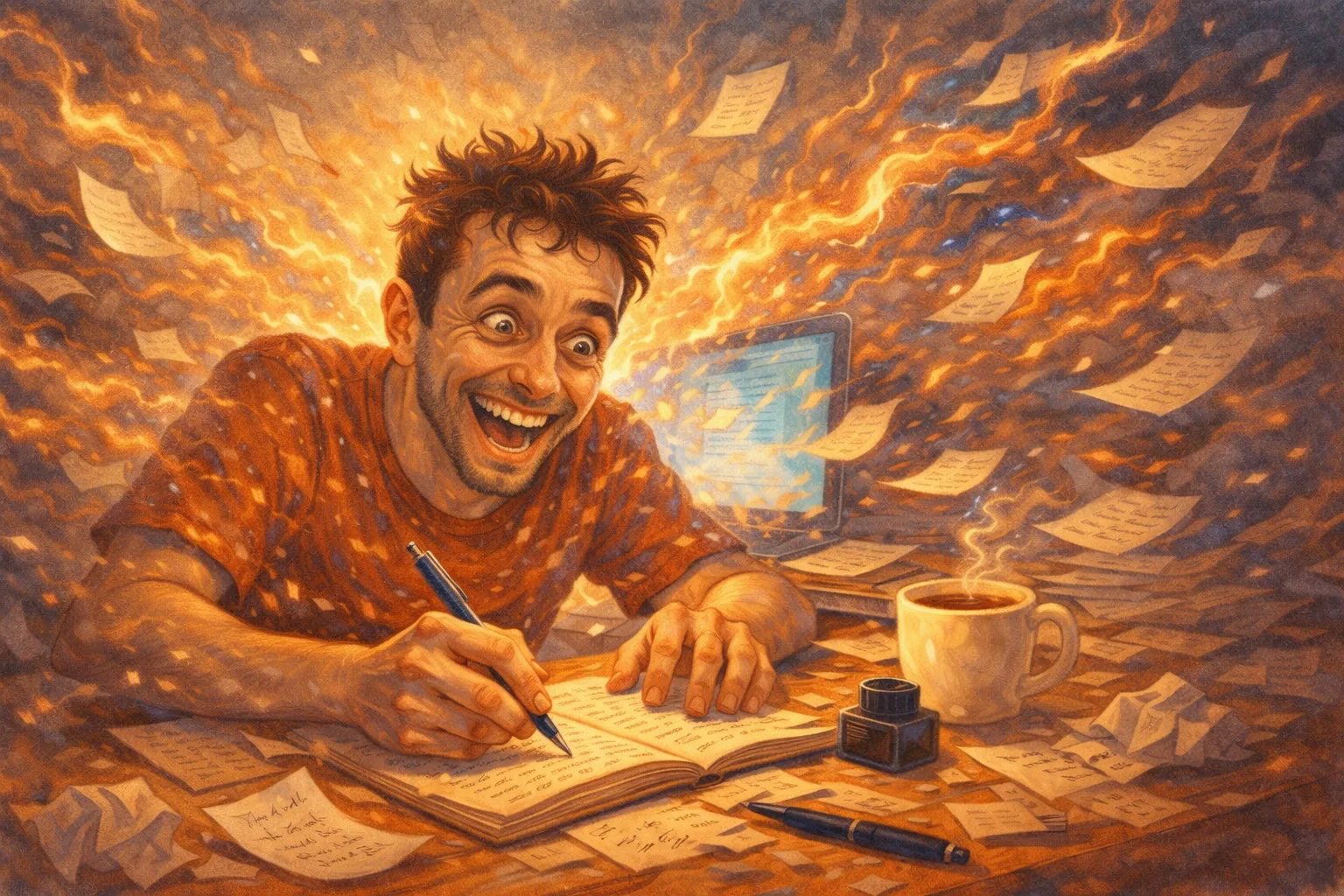 Illustration of a euphoric person in the midst of an extreme creative flow