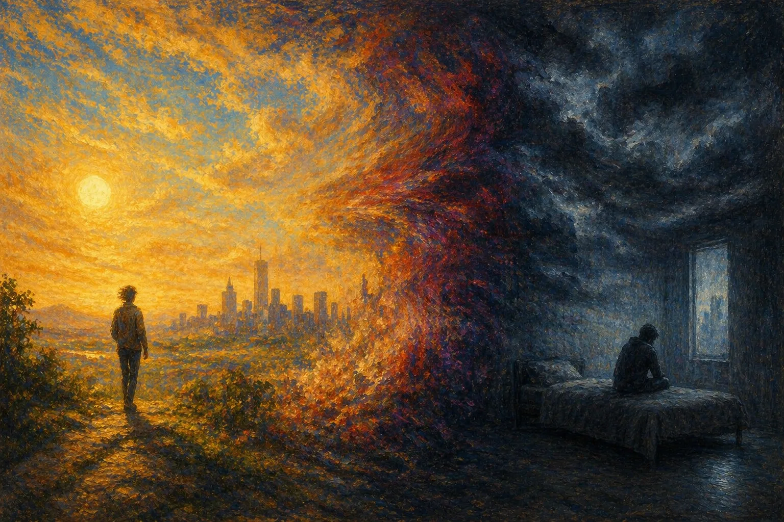 Artistic illustration of the poles (hypomania/mania/depression)