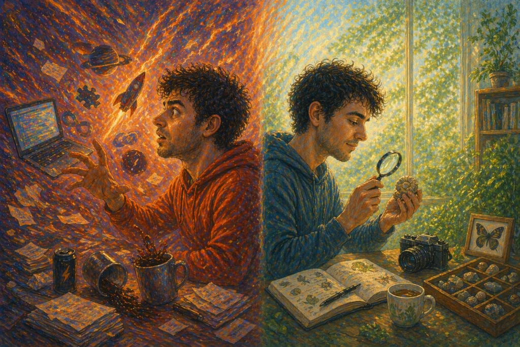 Illustration with a highly activated manic character on the left, immersed in their obsessions, and on the right, a calm, passionate character