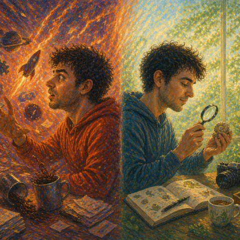 Illustration with a highly activated manic character on the left, immersed in their obsessions, and on the right, a calm, passionate character