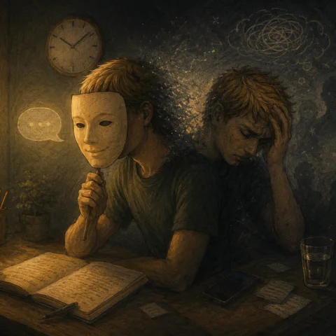 Illustration of an overstimulated woman wearing a mask vs. a woman buried under sensory stimulation
