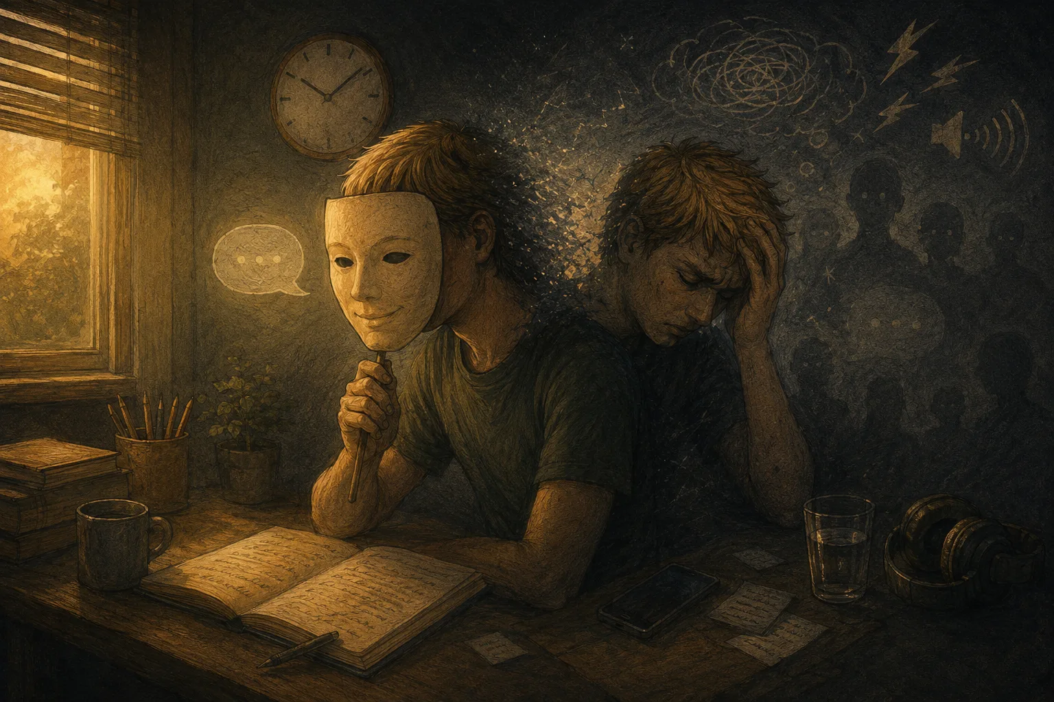 Illustration of an overstimulated woman wearing a mask vs. a woman buried under sensory stimulation