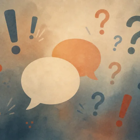 Illustration of aggressive symbols and critical speech bubbles on a harsh red background
