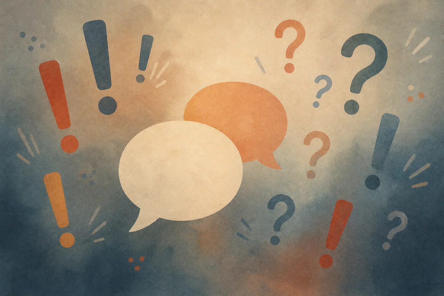 Illustration of aggressive symbols and critical speech bubbles on a harsh red background