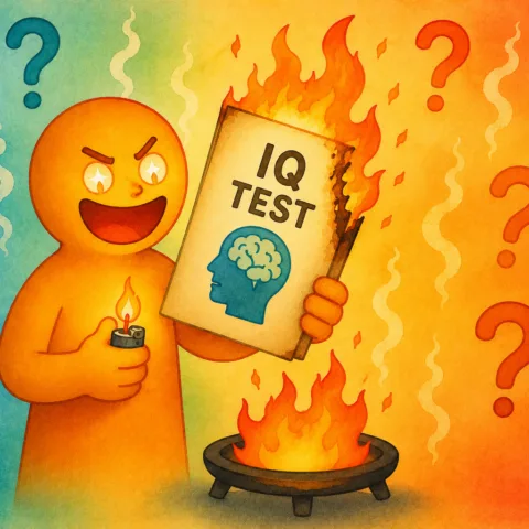 Illustration of a character burning their IQ test