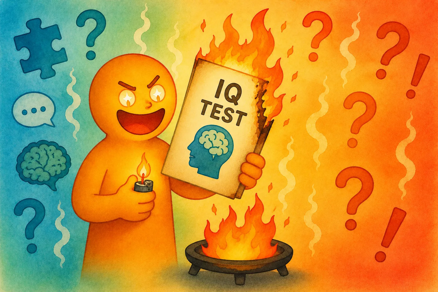 Illustration of a character burning their IQ test