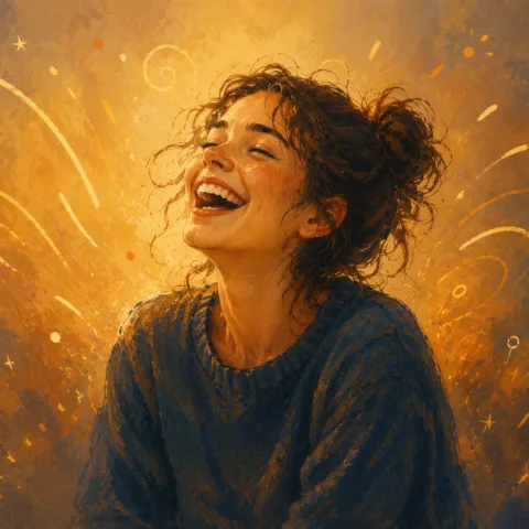Illustration of an autistic woman laughing heartily.