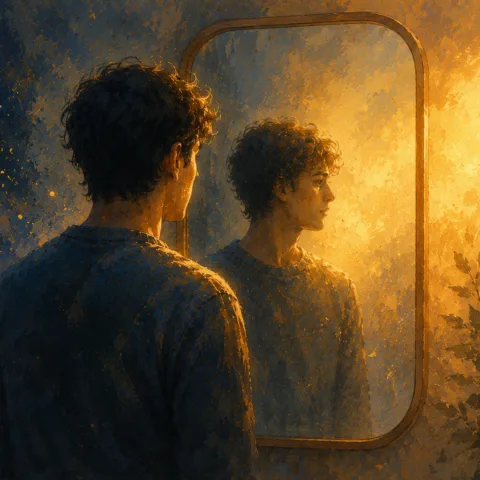 A man standing in front of a mirror, with his reflection looking off to the right