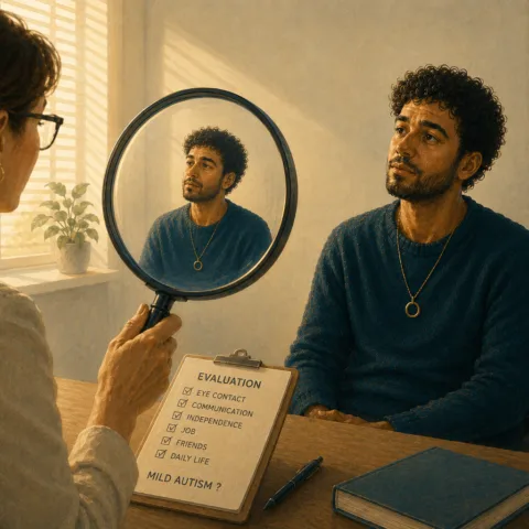 Illustration of a psychological consultation in which a professional observes an autistic person through a magnifying glass, symbolizing a reductive view of their lived experience