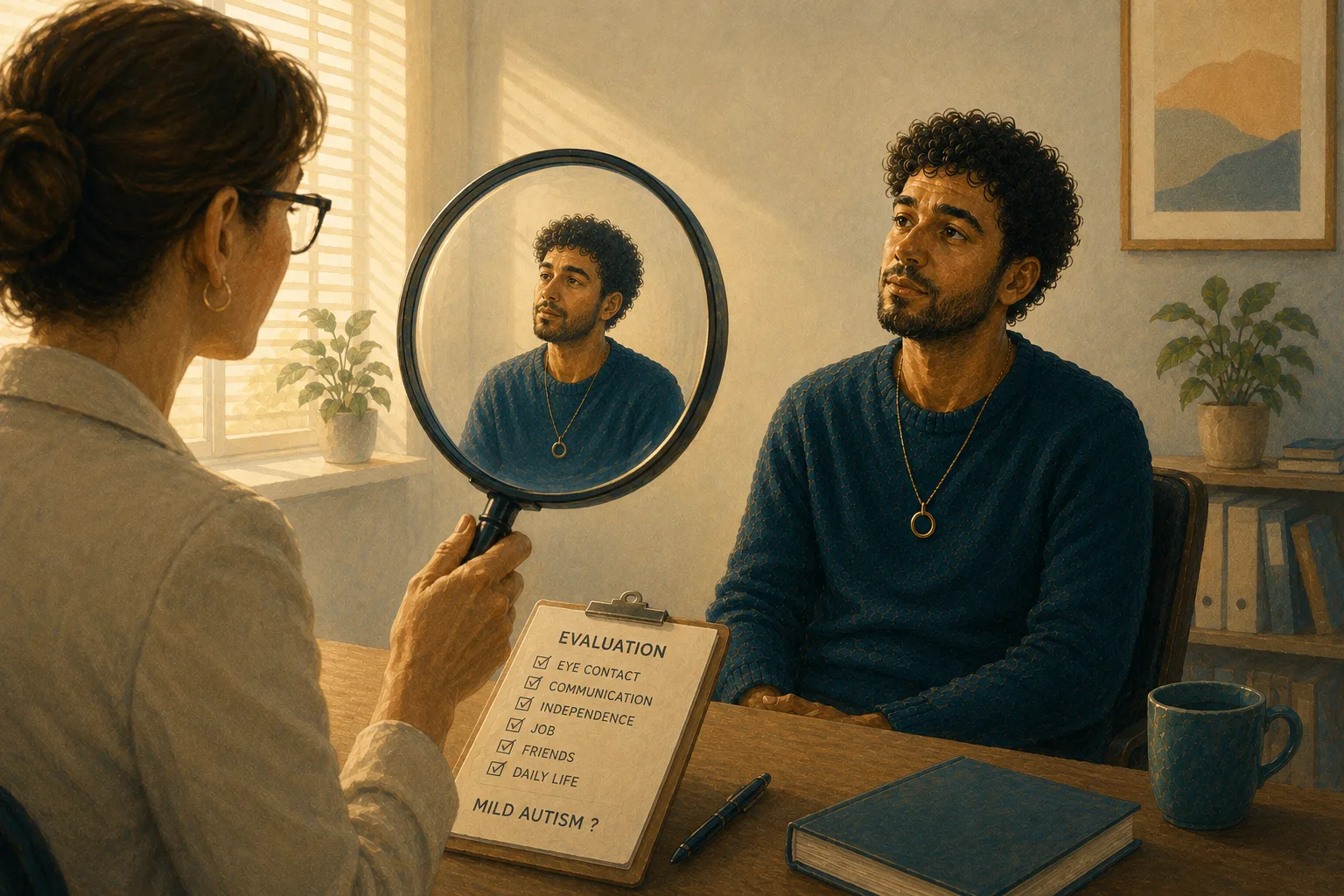 Illustration of a psychological consultation in which a professional observes an autistic person through a magnifying glass, symbolizing a reductive view of their lived experience