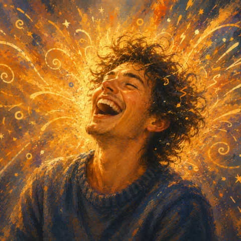 Illustration of a man experiencing a manic episode laughing uncontrollably, surrounded by abstract symbols.