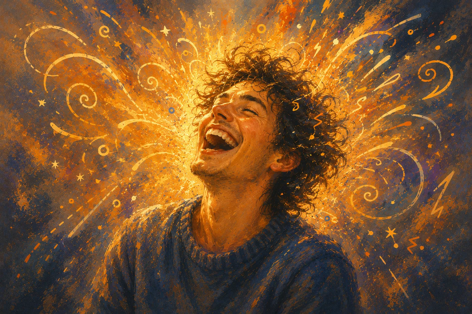 Illustration of a man experiencing a manic episode laughing uncontrollably, surrounded by abstract symbols.