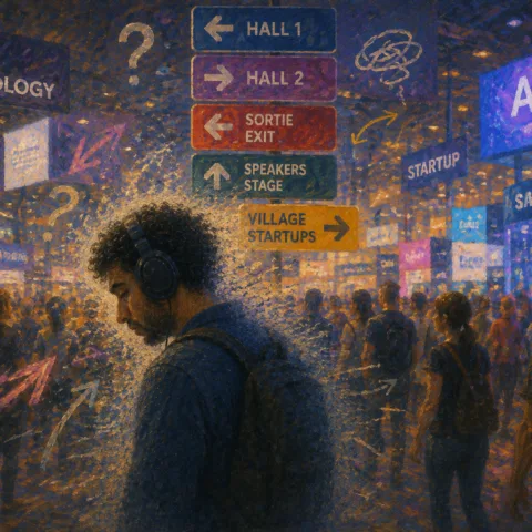 An autistic person wearing headphones, overwhelmed by the crowds, screens, and conflicting signs at VivaTech