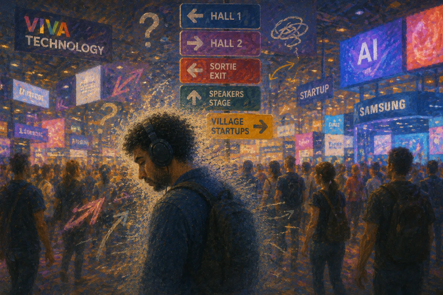 An autistic person wearing headphones, overwhelmed by the crowds, screens, and conflicting signs at VivaTech